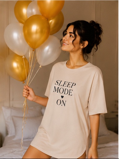 Women’s Beige “Sleep Mode On” Printed Oversized Sleep T-Shirt